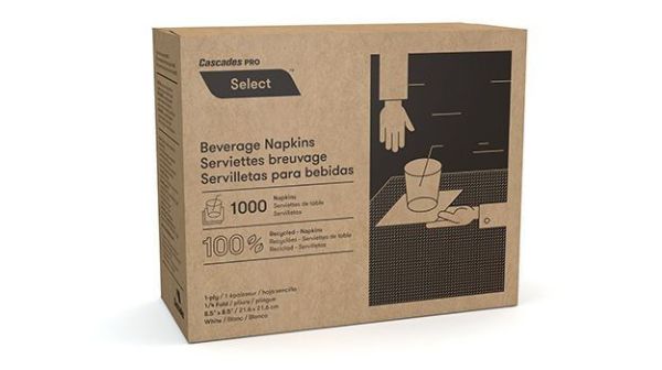 Picture of CASCADES PRO WHITE RECYCLED BEVERAGE NAPKIN - 8.5"X8.5" - 4 X 1,000 (BOXED) PER CASE - DISC.