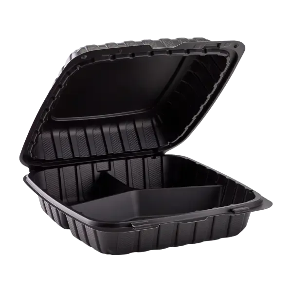 MFPP - 9"X9"X2.8" - 3 COMPARTMENT - BLACK - HINGED CONTAINER -  150 PER CASE
